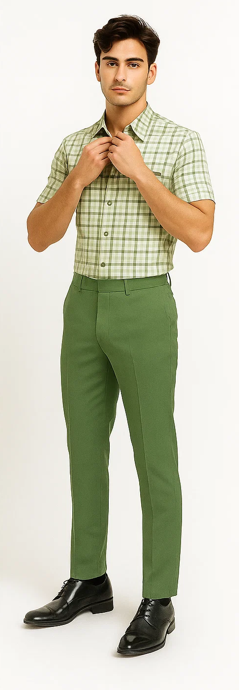 Mens Plaid Walking Suit in sage  by Dreams by Zacchi – 2 Piece Leisure Outfit with Matching Shirt and Pants - $99
