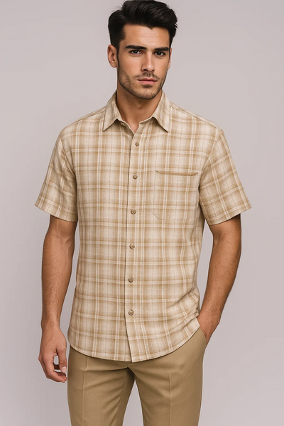 Mens Plaid Walking Suit in Tan by Dreams by Zacchi – 2 Piece Leisure Outfit with Matching Shirt and Pants - $99 1   - from alligatorwarehouse.com