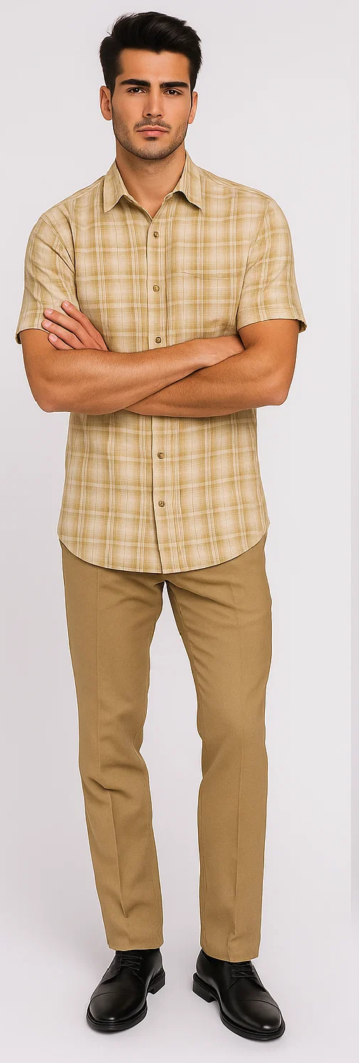 Mens Plaid Walking Suit in Tan by Dreams by Zacchi – 2 Piece Leisure Outfit with Matching Shirt and Pants - $99