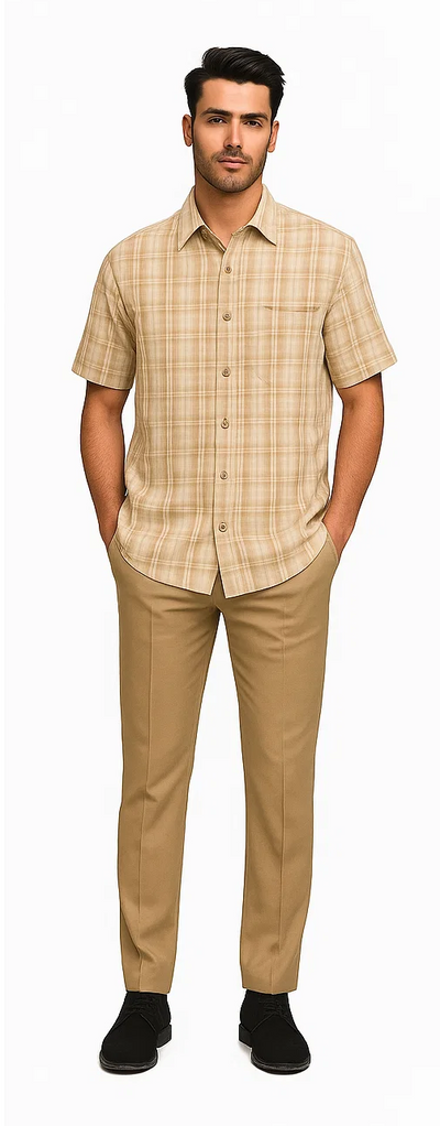 Mens Plaid Walking Suit in Tan by Dreams by Zacchi – 2 Piece Leisure Outfit with Matching Shirt and Pants - $99 5   - from alligatorwarehouse.com