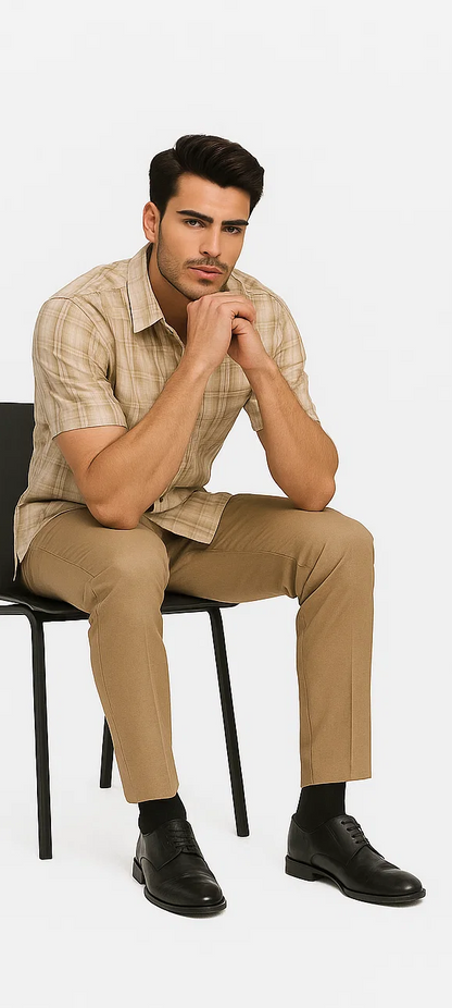 Mens Plaid Walking Suit in Tan by Dreams by Zacchi – 2 Piece Leisure Outfit with Matching Shirt and Pants - $99