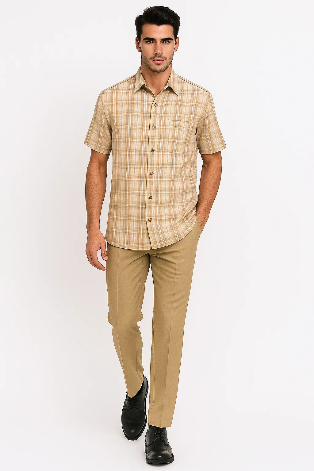 Mens Plaid Walking Suit in Tan by Dreams by Zacchi – 2 Piece Leisure Outfit with Matching Shirt and Pants - $99