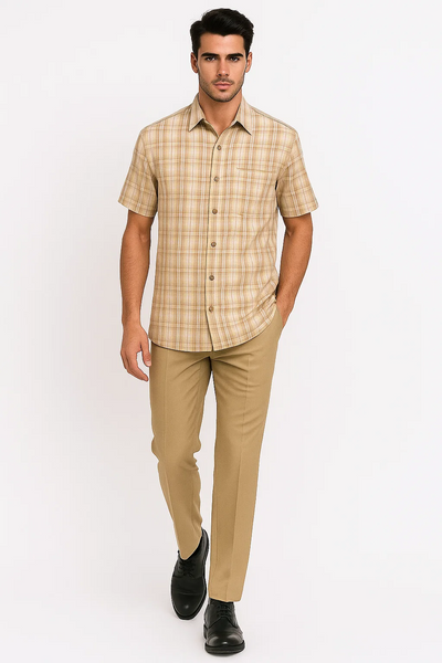 Mens Plaid Walking Suit in Tan by Dreams by Zacchi – 2 Piece Leisure Outfit with Matching Shirt and Pants - $99 8   - from alligatorwarehouse.com