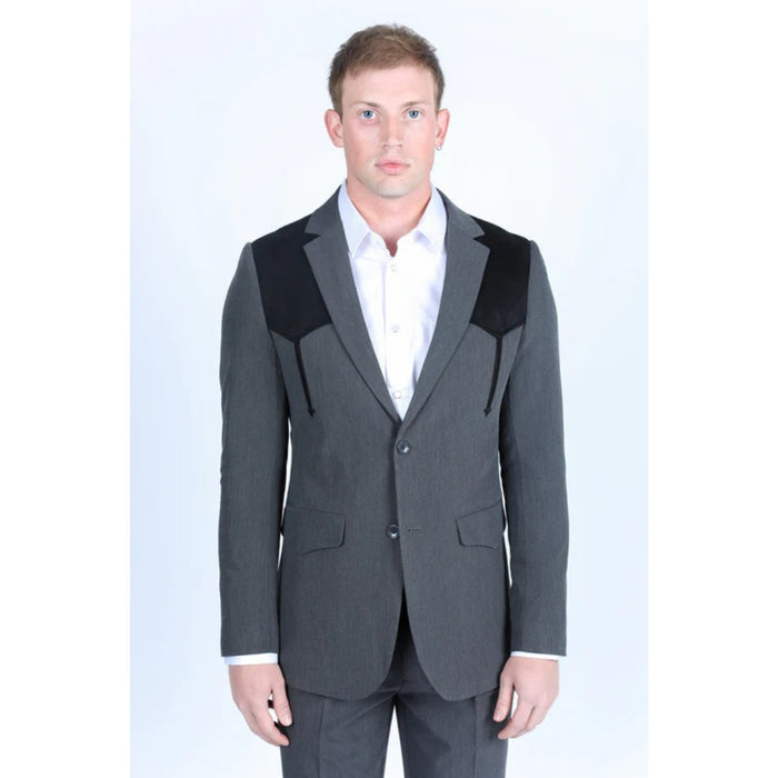 Men’s Platini Charcoal Western Blazer with Suede Yokes and Elbow Patch Detail