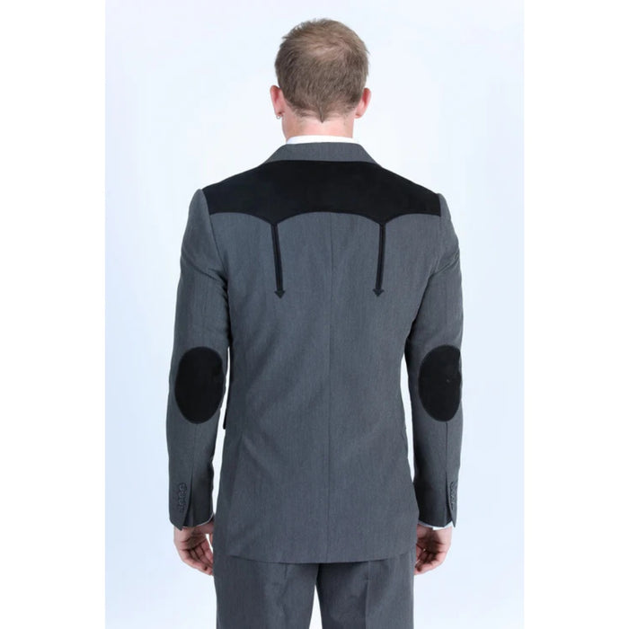 Men’s Platini Charcoal Western Blazer with Suede Yokes and Elbow Patch Detail