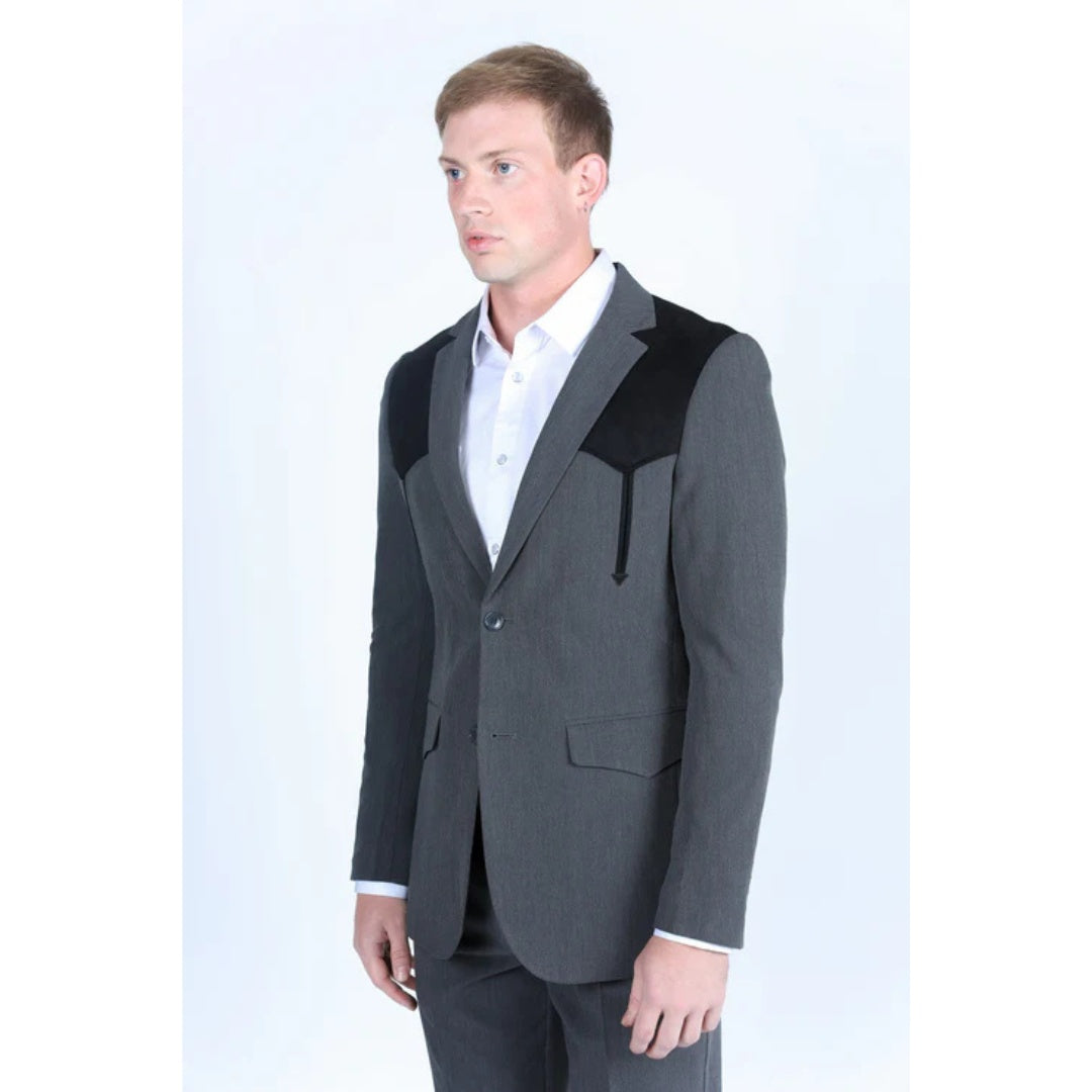 Men’s Platini Charcoal Western Blazer with Suede Yokes and Elbow Patch Detail