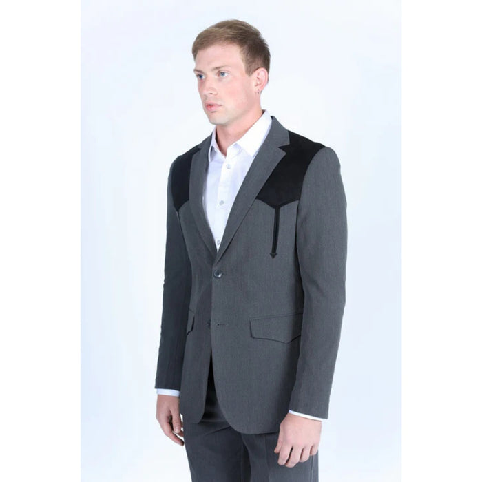 Men’s Platini Charcoal Western Blazer with Suede Yokes and Elbow Patch Detail