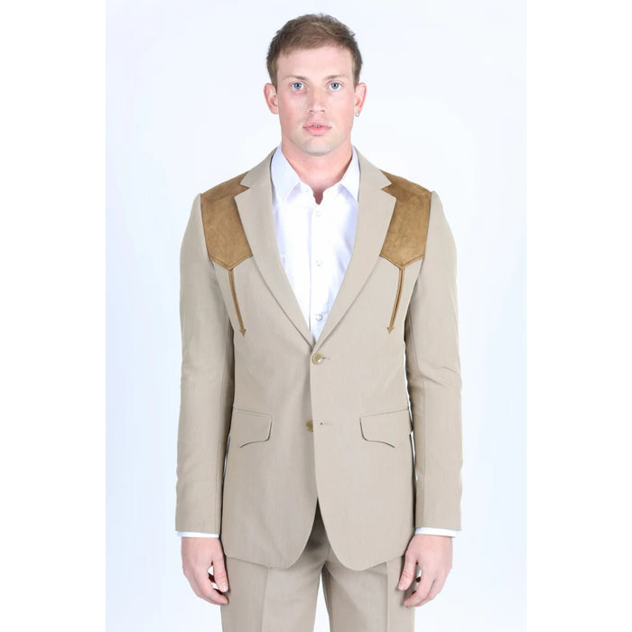 Men’s Platini Khaki Western Blazer with Suede Yokes and Elbow Patch Detail