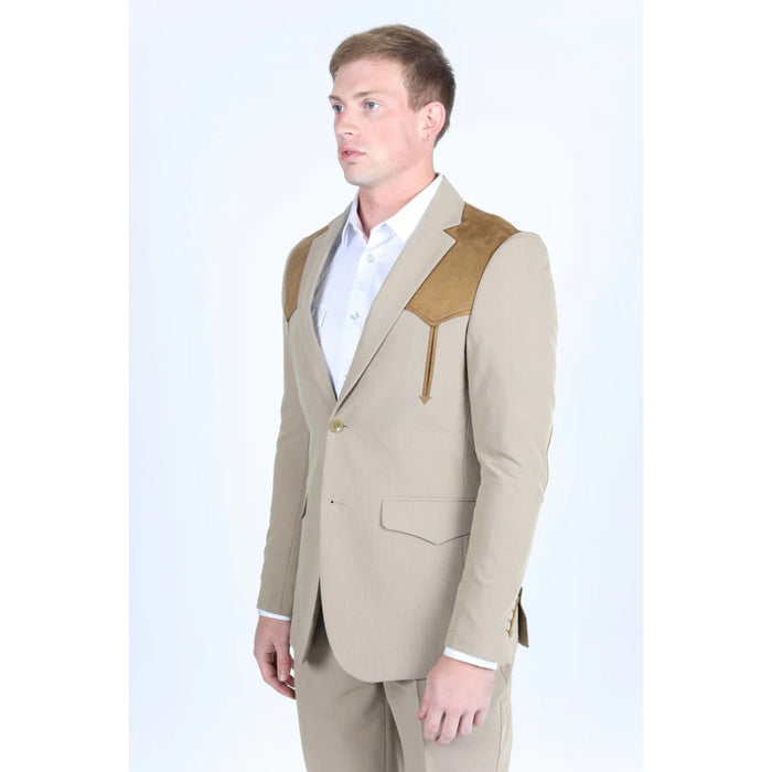 Men’s Platini Khaki Western Blazer with Suede Yokes and Elbow Patch Detail