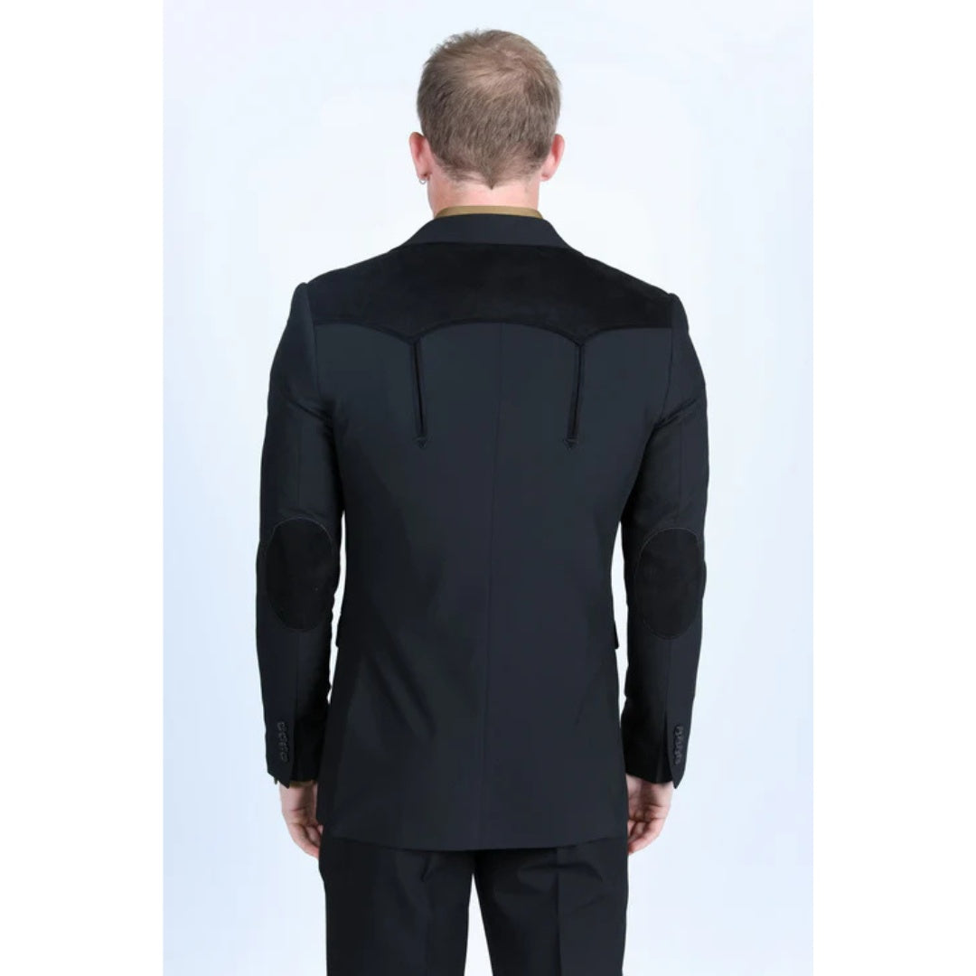 Men’s Platini Western-Style Black Sport Coat with Suede Accents and Elbow Patches