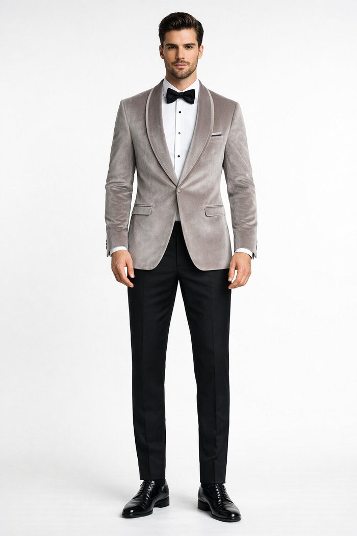 Men's Platinum Velvet Dinner Jacket with Satin Shawl Lapel | Formal Wedding Prom Blazer