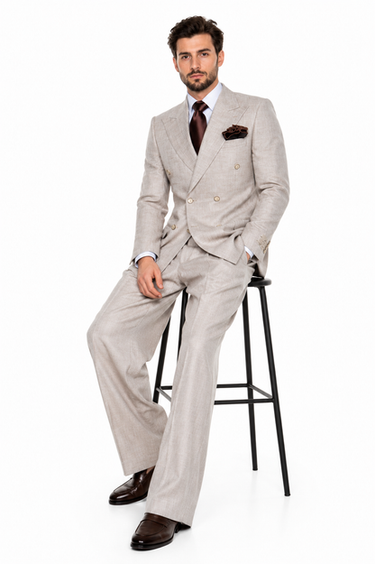 Suits With Baggy Pleated Pants - Wide Leg Pants 100% Wool - Classic Fit in  Light Brown Color by Rossiman