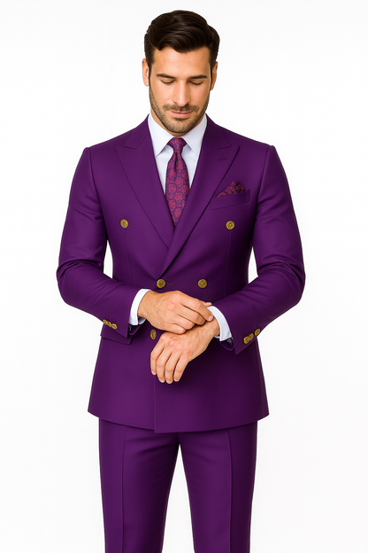 Mens Designer Modern Fit Double Breasted Wool Suit with Gold Buttons in Purple