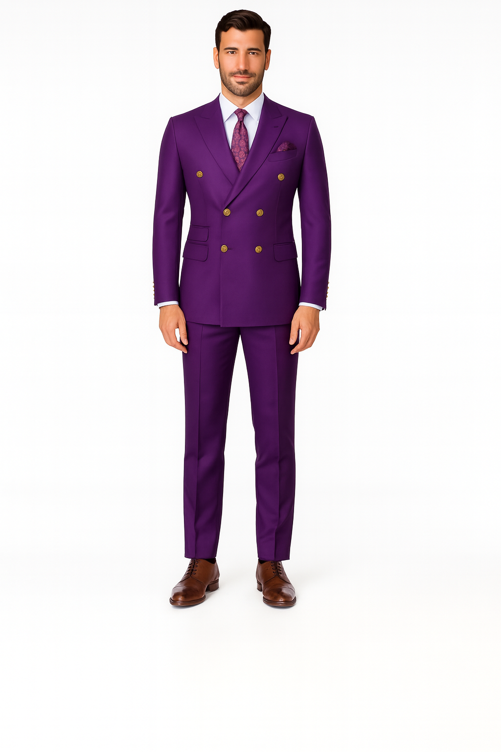 Mens Designer Modern Fit Double Breasted Wool Suit with Gold Buttons in Purple