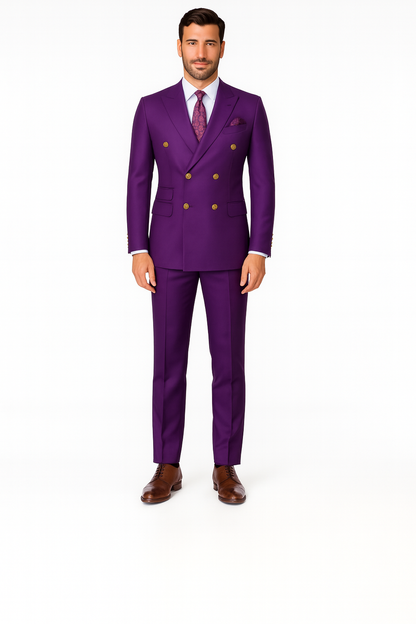 Mens Designer Modern Fit Double Breasted Wool Suit with Gold Buttons in Purple