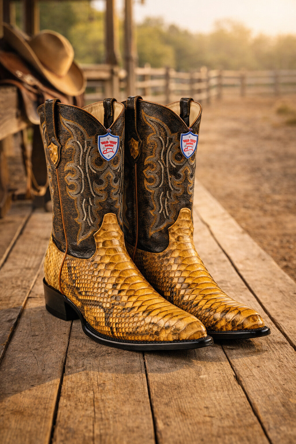 Men's Wild West Python Skin Yellow Gold J Toe Boots 29957