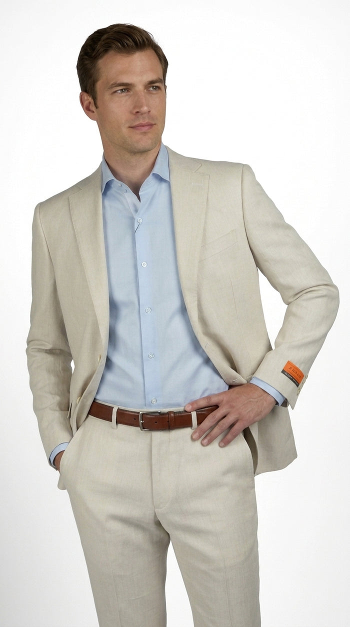 Mens Real ENZO Tovare Linen Spring Summer Suit – Lightweight Breathable Light Beige Wedding Suit