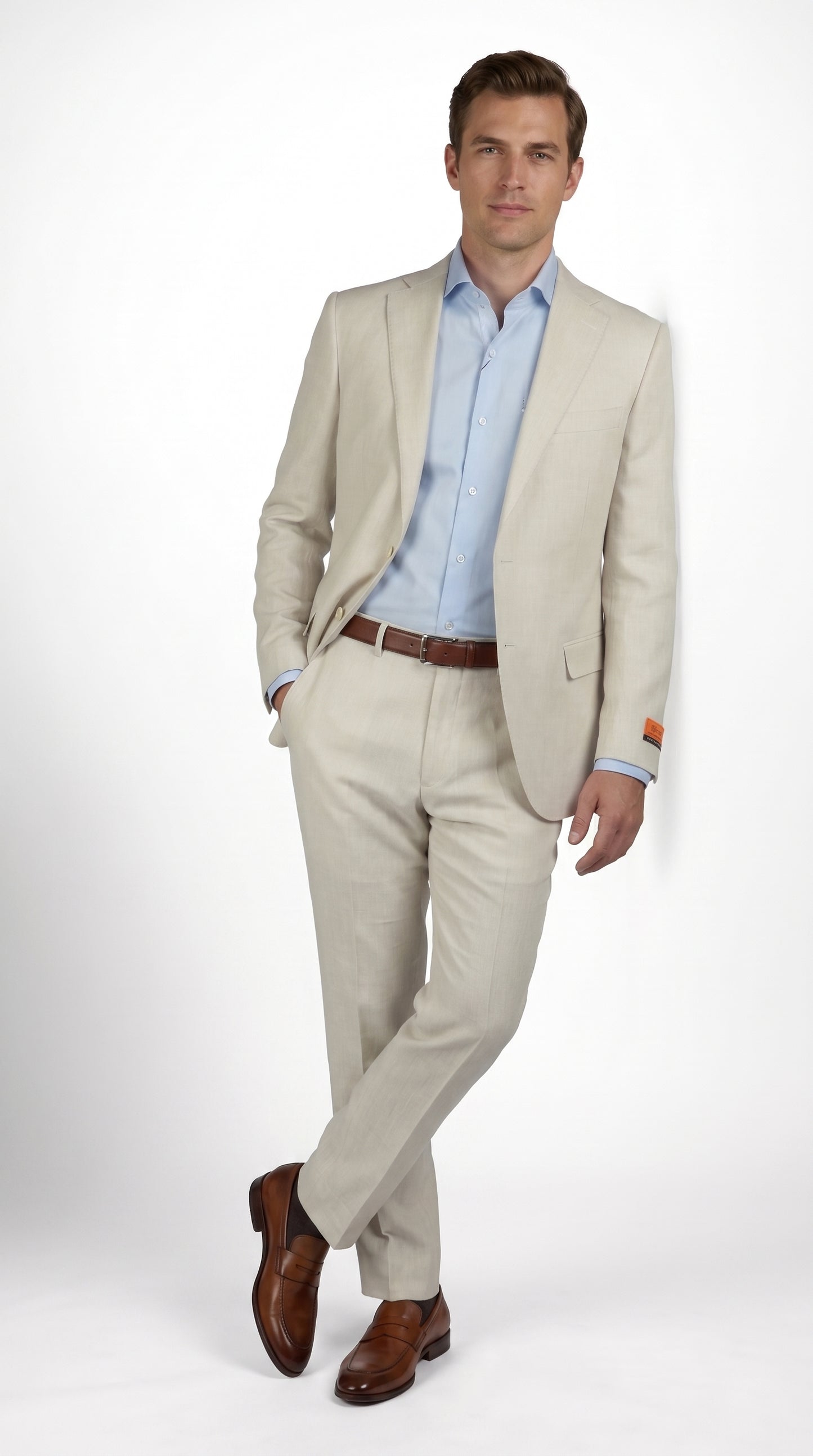 Mens Real ENZO Tovare Linen Spring Summer Suit – Lightweight Breathable Light Beige Wedding Suit
