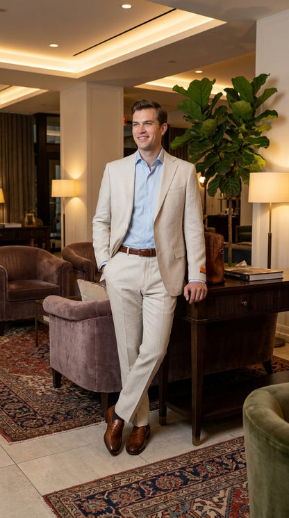 Mens Real ENZO Tovare Linen Spring Summer Suit – Lightweight Breathable Light Beige Wedding Suit