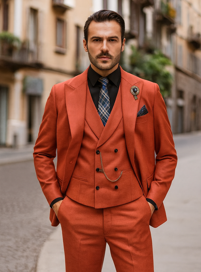 Men’s Red 3-Piece Suit with Vest and Chain – Stylish Formal Wear