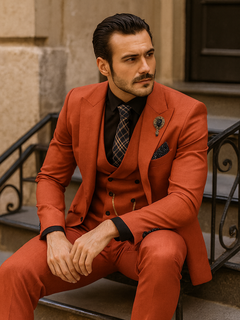 Men’s Red 3-Piece Suit with Vest and Chain – Stylish Formal Wear 4   - from alligatorwarehouse.com