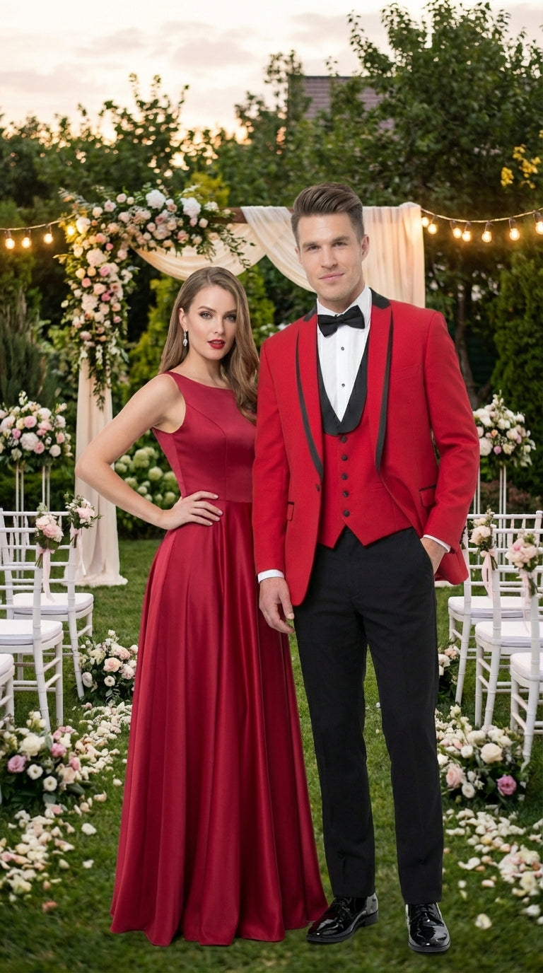 Mens Red and Black Tuxedo – Three Piece Formal Suit with Satin Shawl Lapel for Wedding and Prom