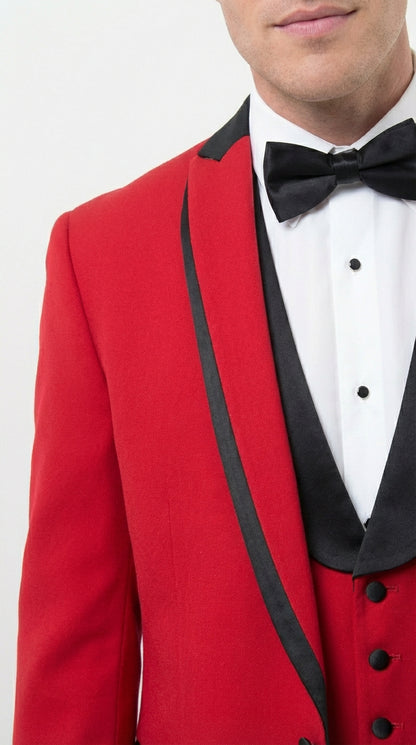 Mens Red and Black Tuxedo – Three Piece Formal Suit with Satin Shawl Lapel for Wedding and Prom