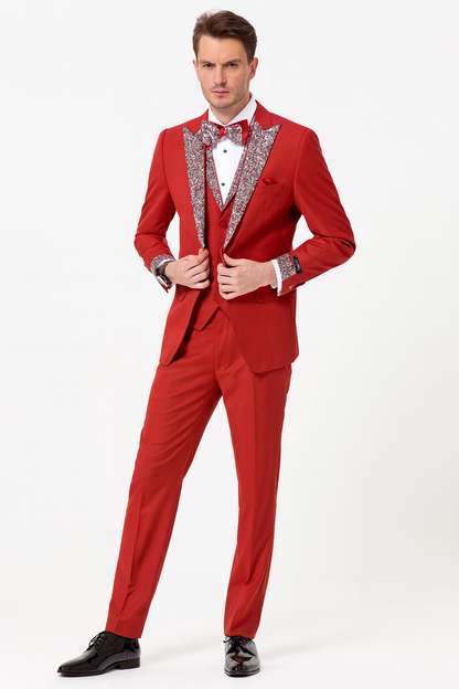 Men’s Red And White Lapel Three-Piece Tuxedo with Sequin Lapel and Matching Bow Tie - Chirstmas Suit