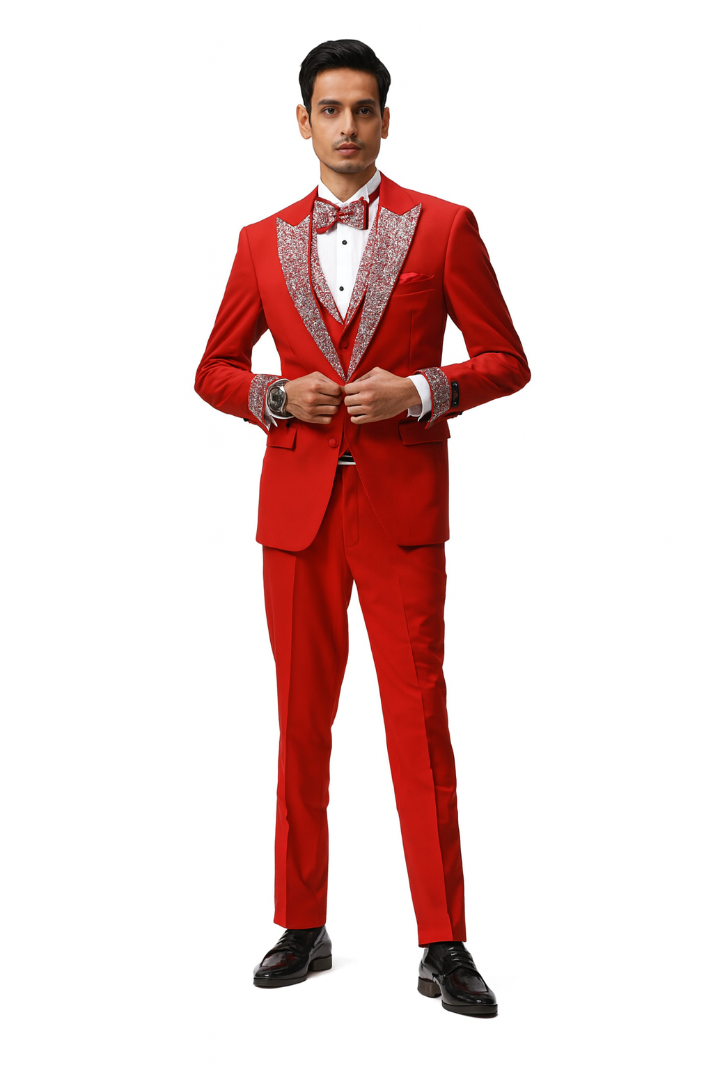 Men’s Red And White Lapel Three-Piece Tuxedo with Sequin Lapel and Matching Bow Tie - Chirstmas Suit