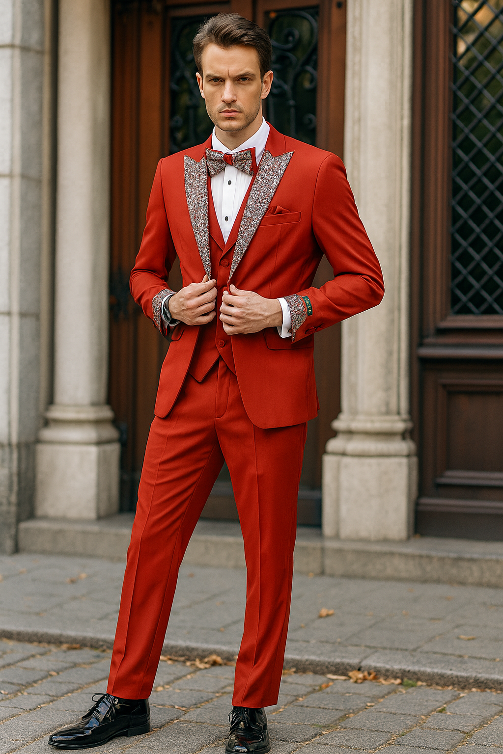 Men’s Red And White Lapel Three-Piece Tuxedo with Sequin Lapel and Matching Bow Tie - Chirstmas Suit 4   - from alligatorwarehouse.com