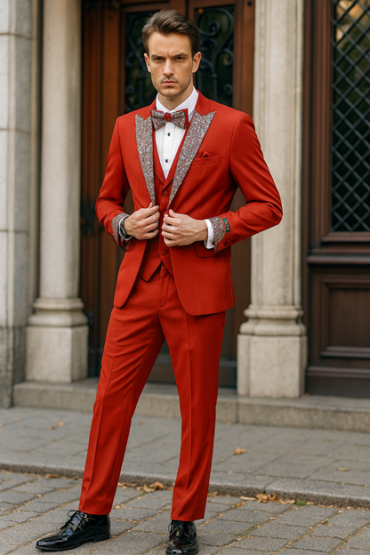 Men’s Red And White Lapel Three-Piece Tuxedo with Sequin Lapel and Matching Bow Tie - Chirstmas Suit