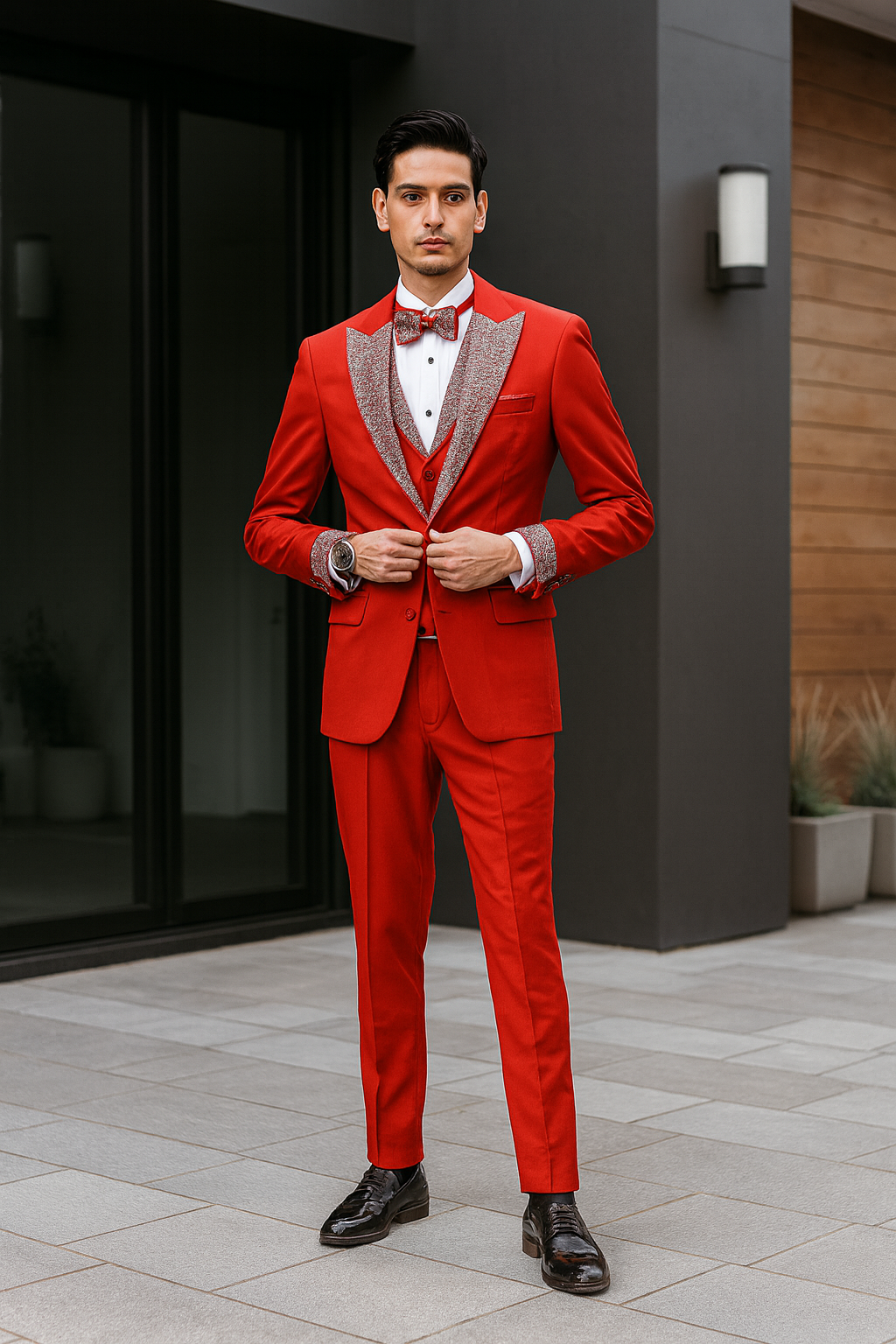 Men’s Red And White Lapel Three-Piece Tuxedo with Sequin Lapel and Matching Bow Tie - Chirstmas Suit 5   - from alligatorwarehouse.com