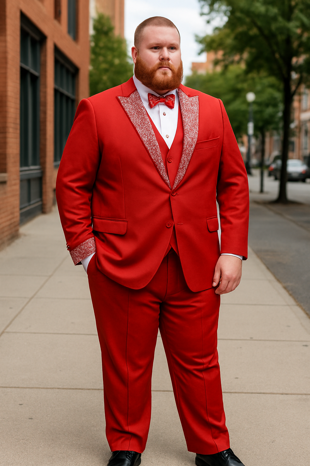 Men’s Red And White Lapel Three-Piece Tuxedo with Sequin Lapel and Matching Bow Tie - Chirstmas Suit 7   - from alligatorwarehouse.com