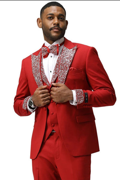 Men’s Red And White Lapel Three-Piece Tuxedo with Sequin Lapel and Matching Bow Tie - Chirstmas Suit 8   - from alligatorwarehouse.com