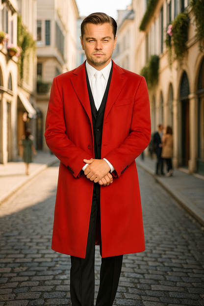 Three Buttons Red Wool Fabric Overcoat / Long men's Dress Topcoat - Winter coat