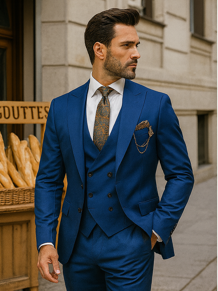 Men’s Royal Blue 3-Piece Suit with Vest and Chain – Modern Formal Wear