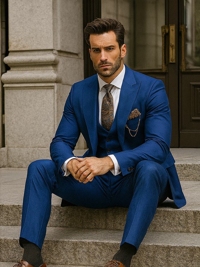 Men’s Royal Blue 3-Piece Suit with Vest and Chain – Modern Formal Wear