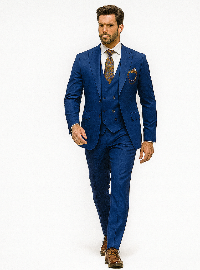 Men’s Royal Blue 3-Piece Suit with Vest and Chain – Modern Formal Wear