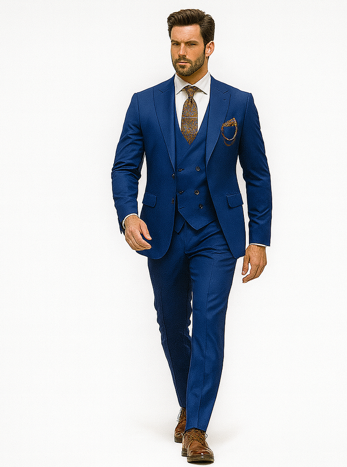 Men’s Royal Blue 3-Piece Suit with Vest and Chain – Modern Formal Wear