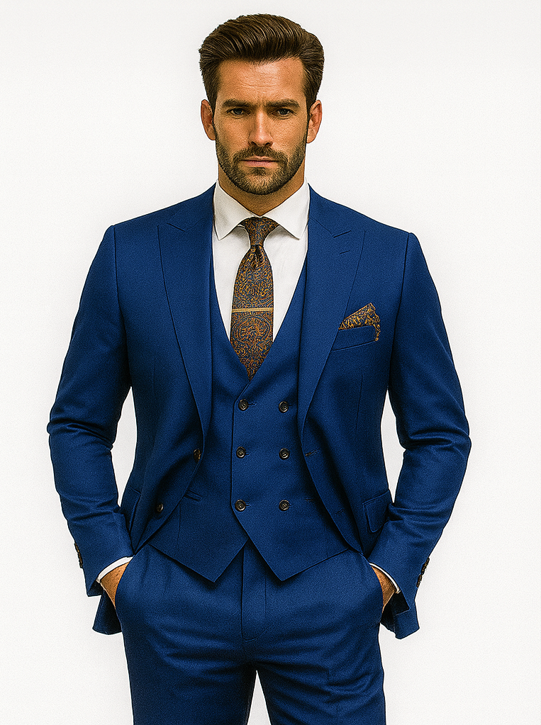 Men’s Royal Blue 3-Piece Suit with Vest and Chain – Modern Formal Wear 7   - from alligatorwarehouse.com