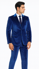 Men’s Royal Blue Velvet Peak Lapel Suit – 2-Piece Skinny Fit Formalwear by Tazzio