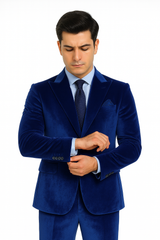 Men’s Royal Blue Velvet Peak Lapel Suit – 2-Piece Skinny Fit Formalwear by Tazzio