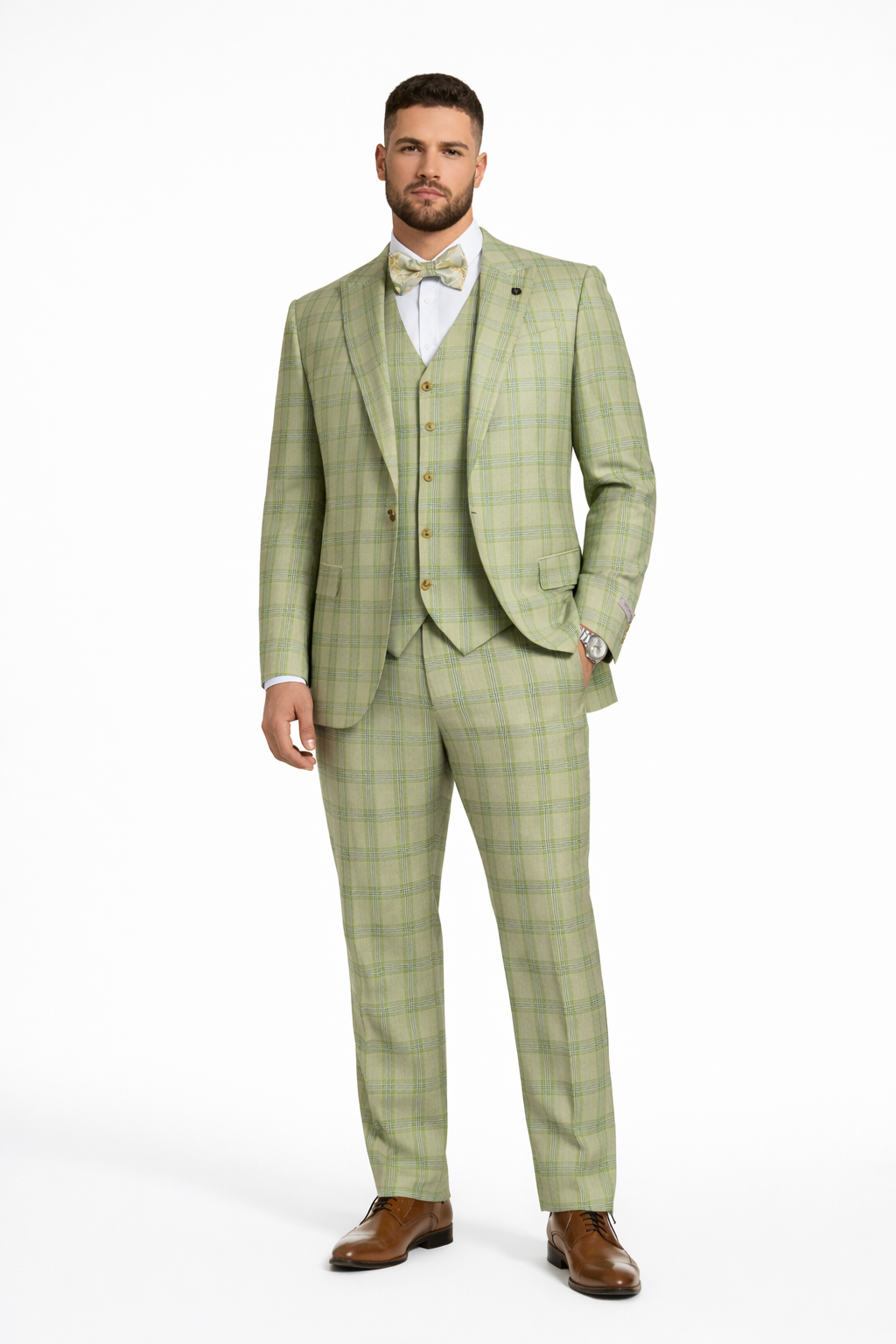 "Mens Stacy Adams Suit - Stacy Adams Men's Plaid Suit with Paisley Vest & Bow Tie - Sage Green"