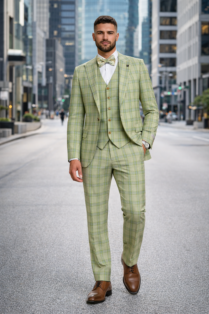 "Mens Stacy Adams Suit - Stacy Adams Men's Plaid Suit with Paisley Vest & Bow Tie - Sage Green"