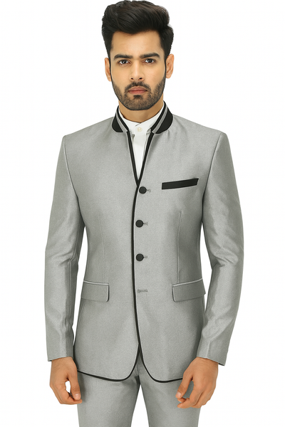 Mens 4 button Mandarin Tuxedo in Sharkskin Silver Grey with Black Trim 1 18-6081  - from alligatorwarehouse.com