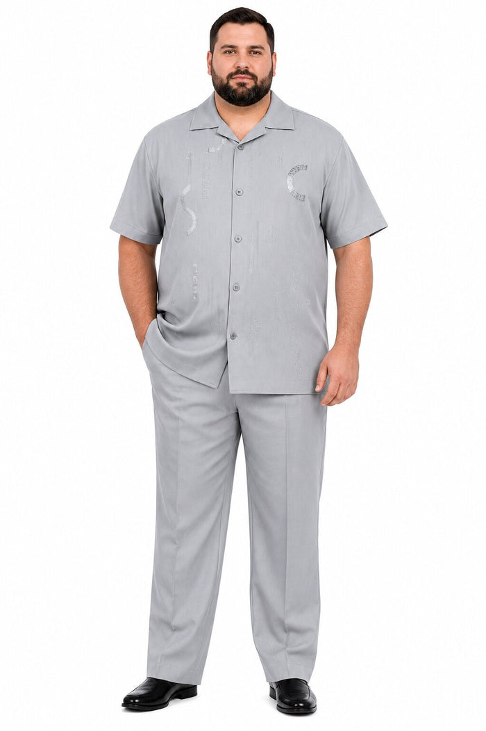 Men’s Light Gray Embroidered Walking Suit Set – 2 Piece Short Sleeve Casual Outfit
