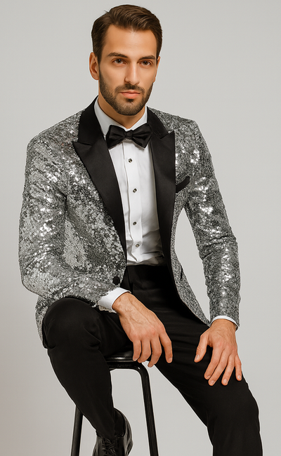 Men’s Silver Sequin Tuxedo Jacket with Black Satin Lapel – Event Blazer 4   - from alligatorwarehouse.com