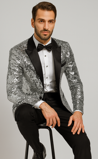Men’s Silver Sequin Tuxedo Jacket with Black Satin Lapel – Event Blazer