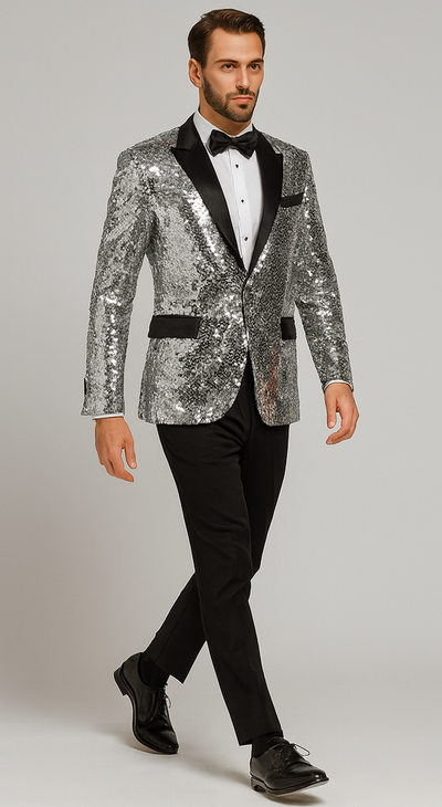 Men’s Silver Sequin Tuxedo Jacket with Black Satin Lapel – Event Blazer 5   - from alligatorwarehouse.com