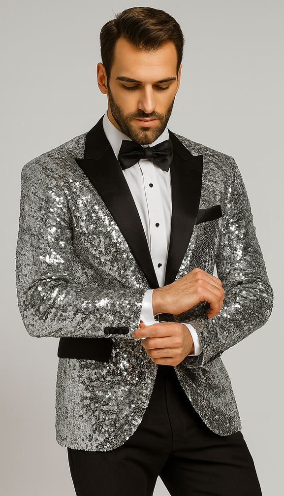 Men’s Silver Sequin Tuxedo Jacket with Black Satin Lapel – Event Blazer